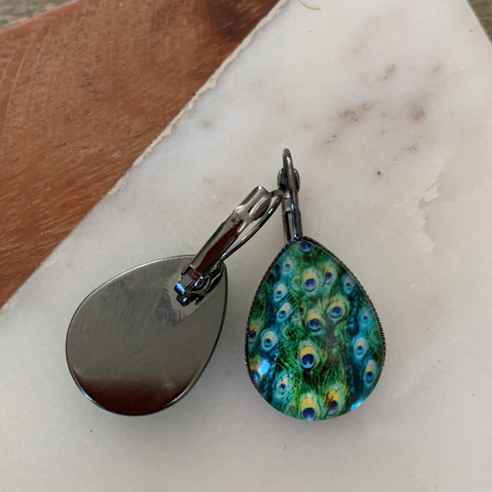 Green Peacock Teardrop Earrings - Picture 5 of 6